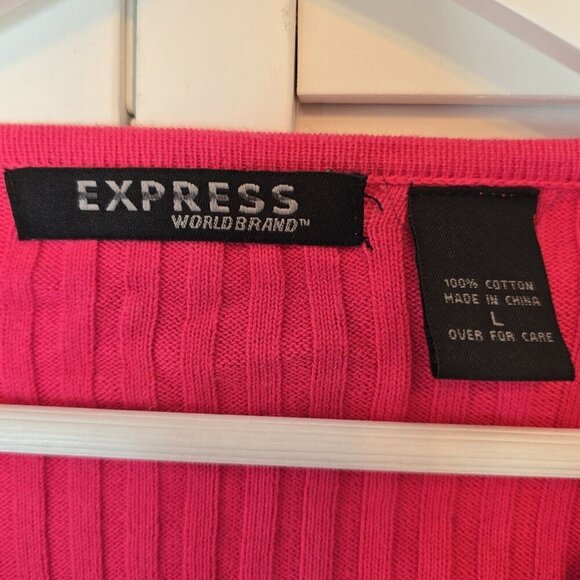 EXPRESS Rib Cotton Button Cardigan Pink Slim Long Sleeve V Neck Women Large Y2K - Picture 6 of 12